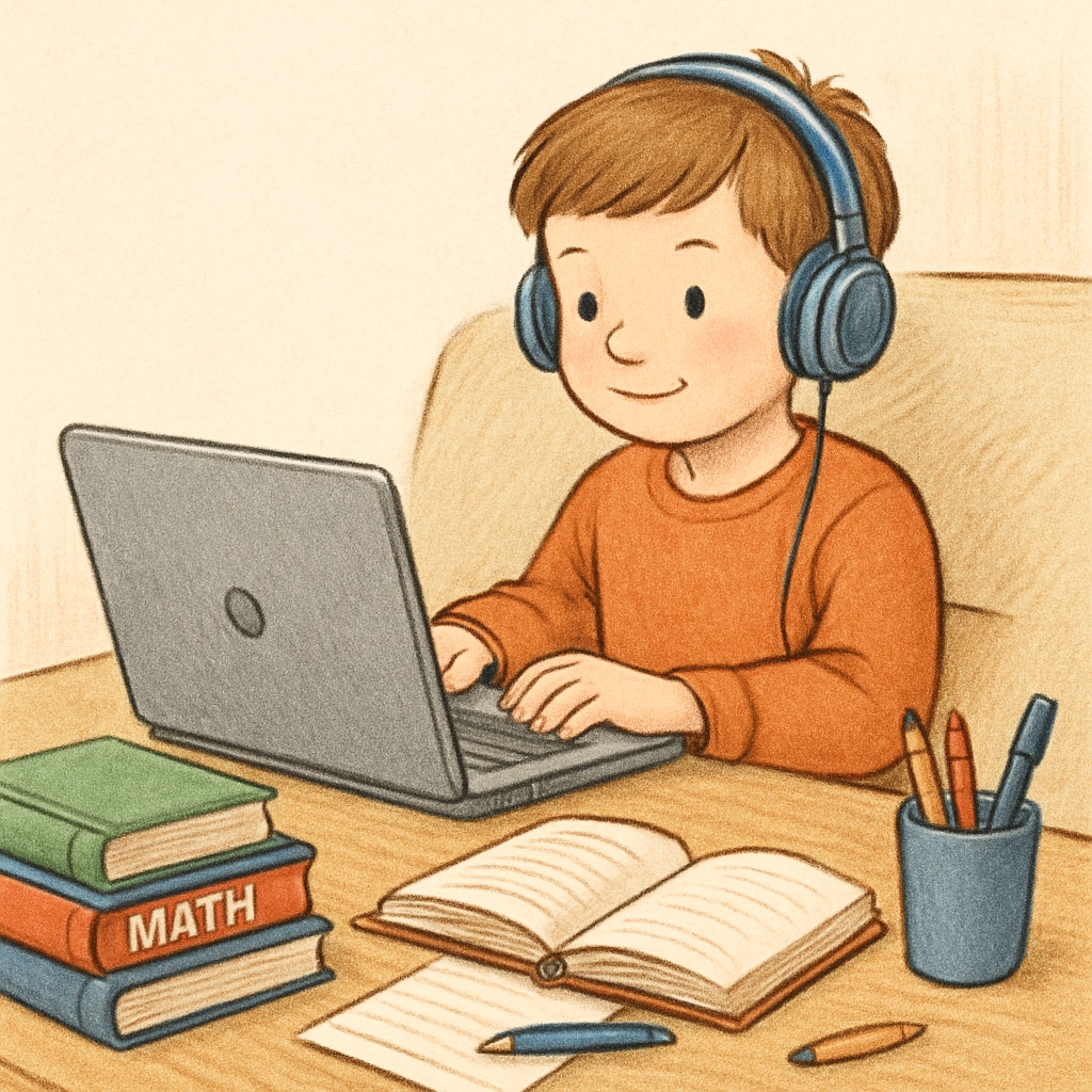 A child learning on a laptop at home, emphasizing the flexibility and comfort of online education. A child using a laptop for online public education at home