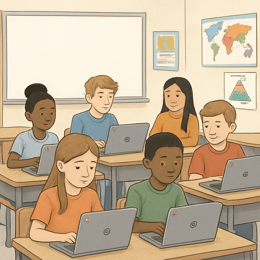 A classroom with students using Chromebooks, illustrating the integration of EdTech in K-12 education. Students using Chromebooks in a classroom.
