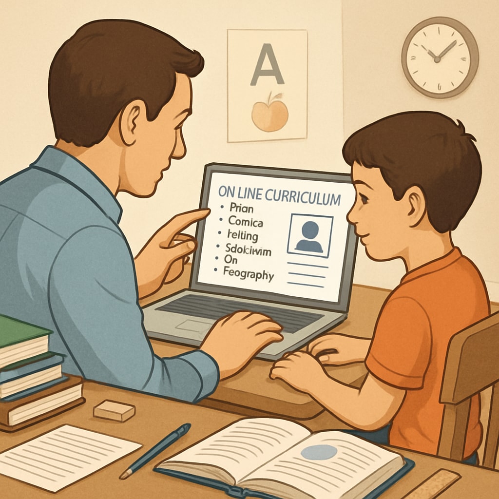 A parent and child reviewing an online curriculum together, highlighting personalized education opportunities. A parent and child exploring personalized online public education resources