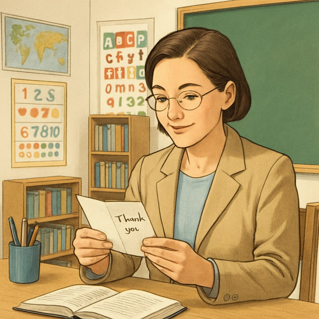 A teacher reading a handwritten thank-you note from a student in a well-lit classroom. Teacher reading a thank-you note, symbolizing teacher-student gratitude.