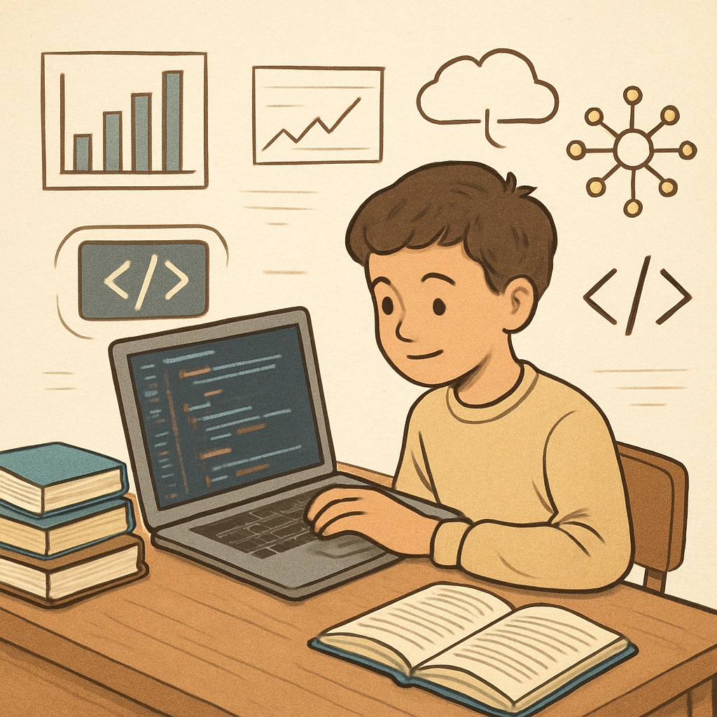 A young student working on a laptop, exploring coding software, symbolizing the intersection of youth and AI-driven programming. Teenager coding on a laptop, representing career choices in programming and AI development.