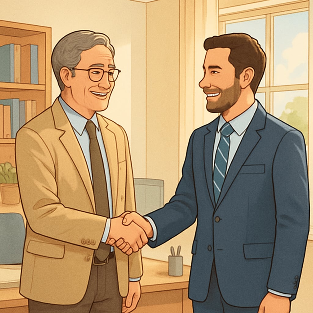 A teacher meeting a former student, now an adult, and sharing a warm handshake in a sunny office setting. Teacher reconnecting with a former student, demonstrating lifelong teacher-student bonds.