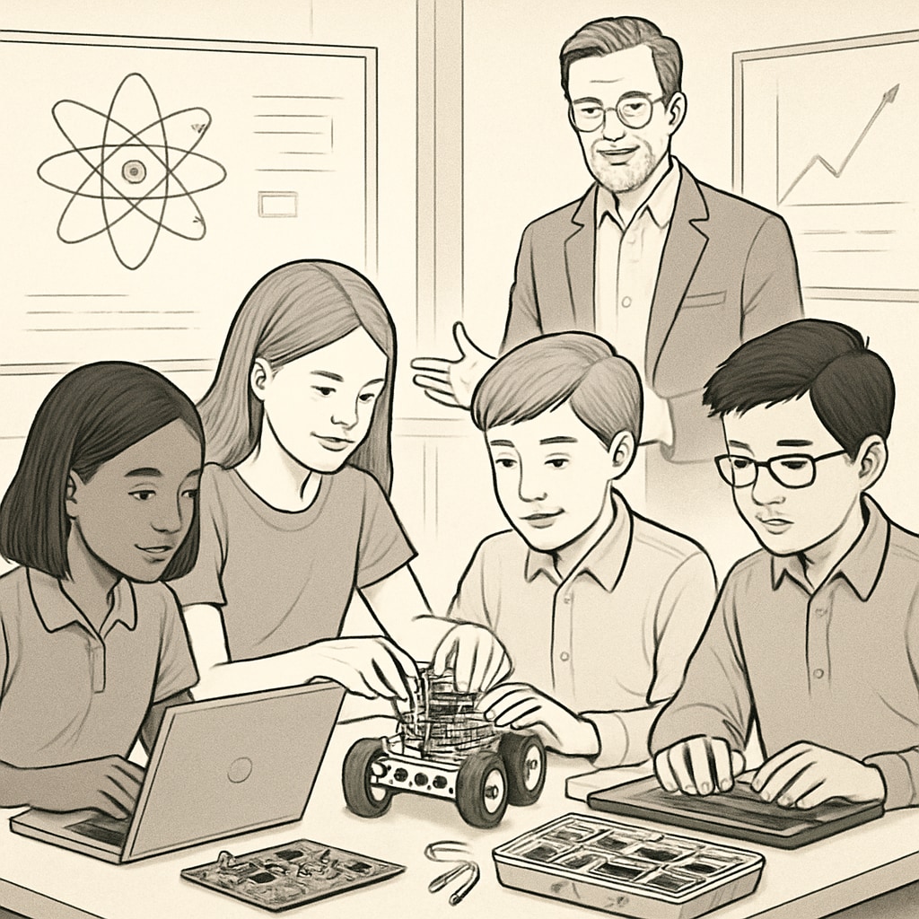 Students collaborating on a STEM project, showcasing teamwork and innovation in technology-driven education. Group of students working on a STEM project, highlighting teamwork in engineering and programming.