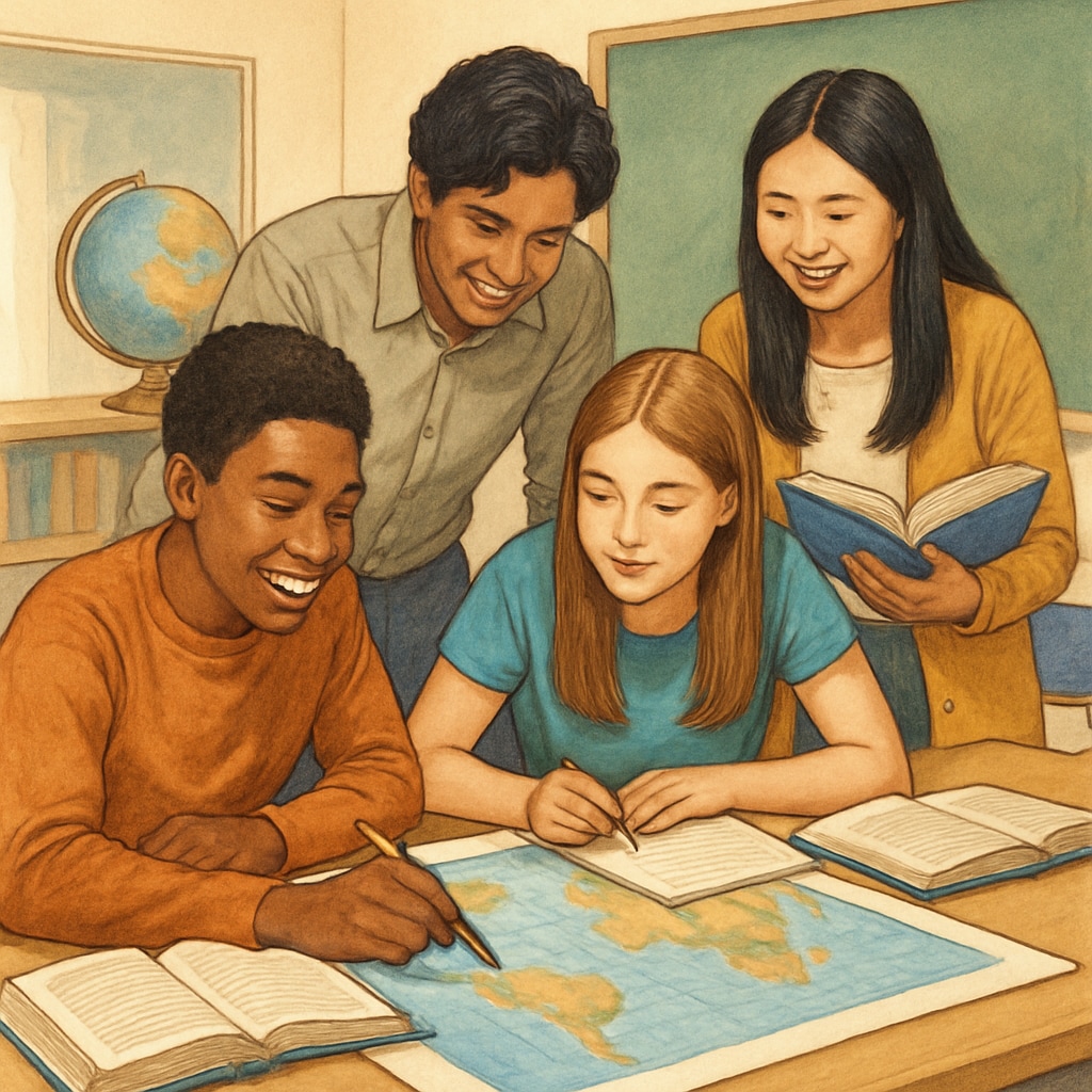 A diverse group of high school students collaborating on a project, symbolizing teamwork and preparation for international education. High school students preparing for international education through teamwork.