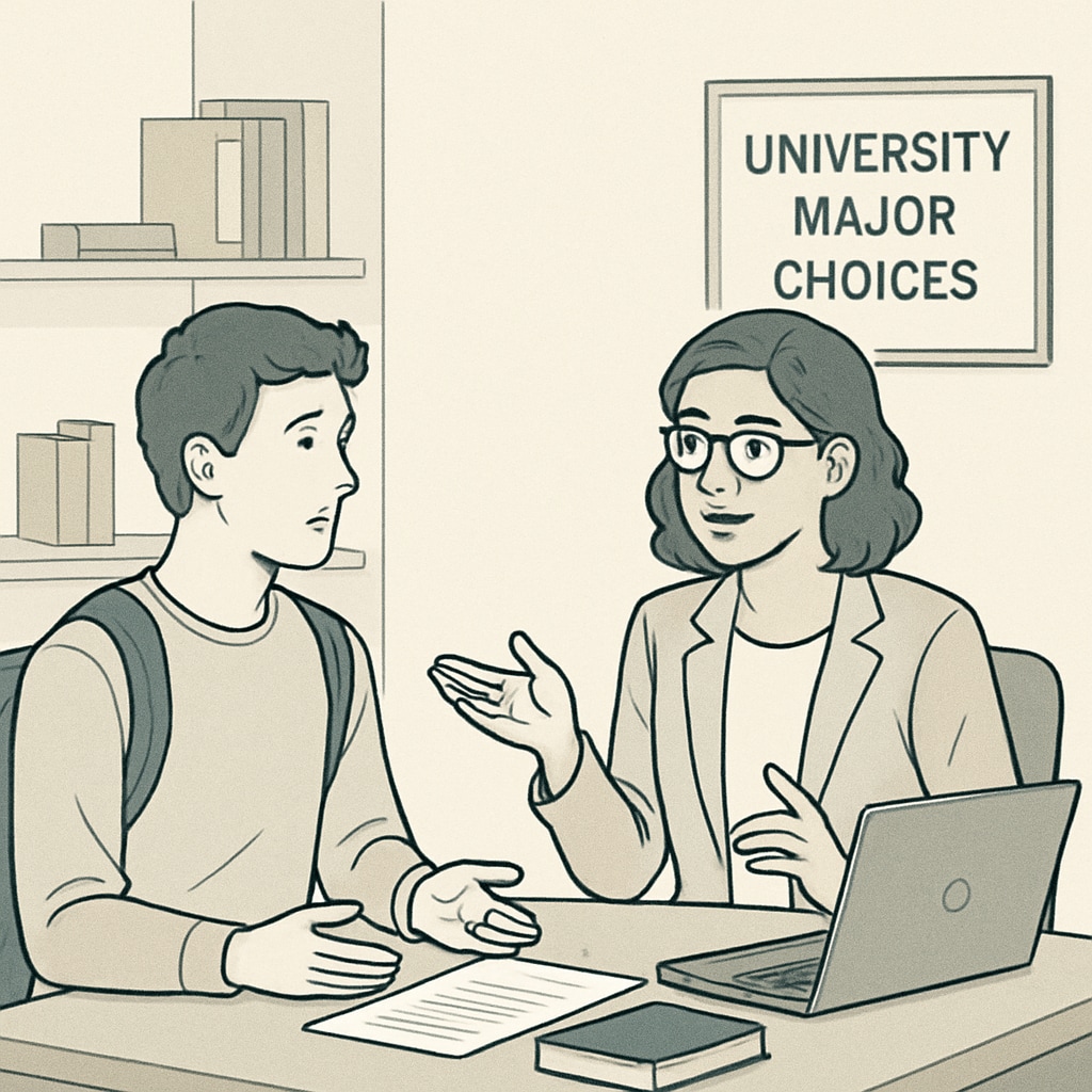 A supportive discussion between a student and a mentor or counselor about university major choices. Student discussing university major options with a mentor.