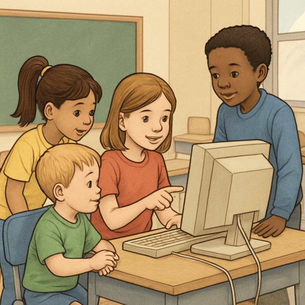 A group of kindergarten and fourth-grade students working together on a computer-based activity in a classroom setting. Kindergarten and fourth-grade students collaborating on computer skills learning.