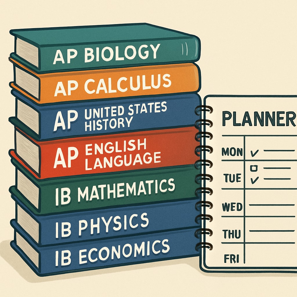 A stack of AP and IB textbooks alongside a student's planner, representing the planning process for academic success. AP and IB textbooks used in K12 academic planning for study abroad.