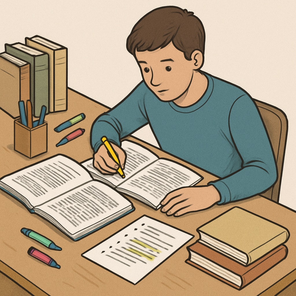 A student analyzing different types of texts to determine their purposes, with highlighters and notes on a desk. A student reviewing texts for functional skills English reading exam to identify text purposes.