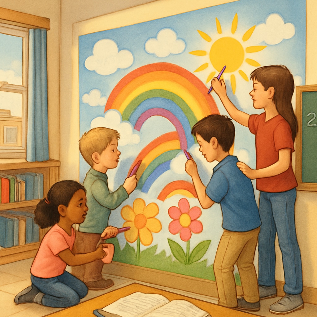 Kindergarten and fourth-grade students decorating a colorful mural together in a classroom setting. Collaborative art project between kindergarten and fourth-grade students.