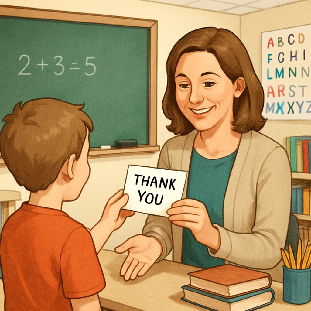A teacher receiving a handwritten thank-you note from a student in a brightly lit classroom. A teacher receiving a thank-you note from a student, symbolizing teacher impact and student gratitude.