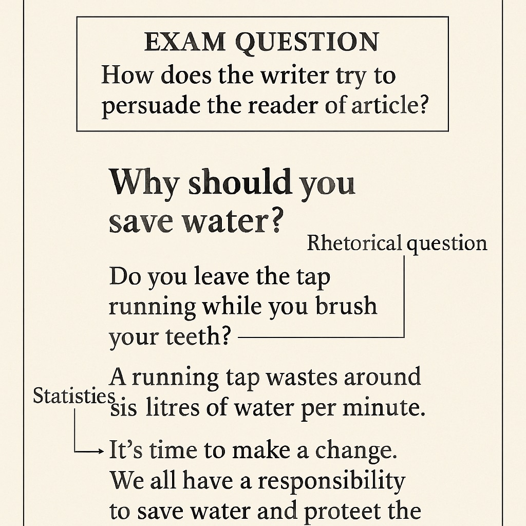 An exam question highlighting features like rhetorical questions, statistics, and persuasive language for identifying text purpose. Functional skills English reading exam question showing text features to determine purpose.