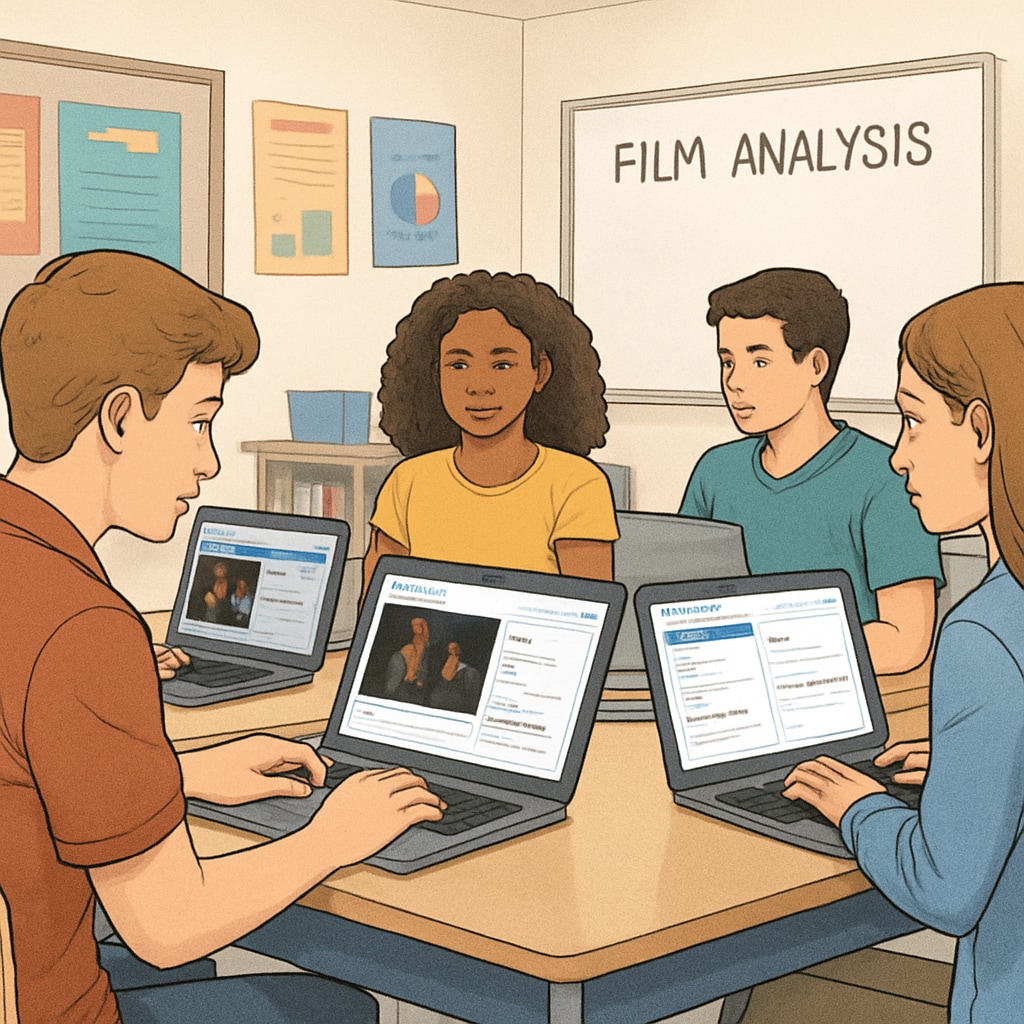 A classroom of high school students engaged in a film analysis activity using laptops and an AI-based tool. High school students using an AI tool for film analysis in a media literacy class.