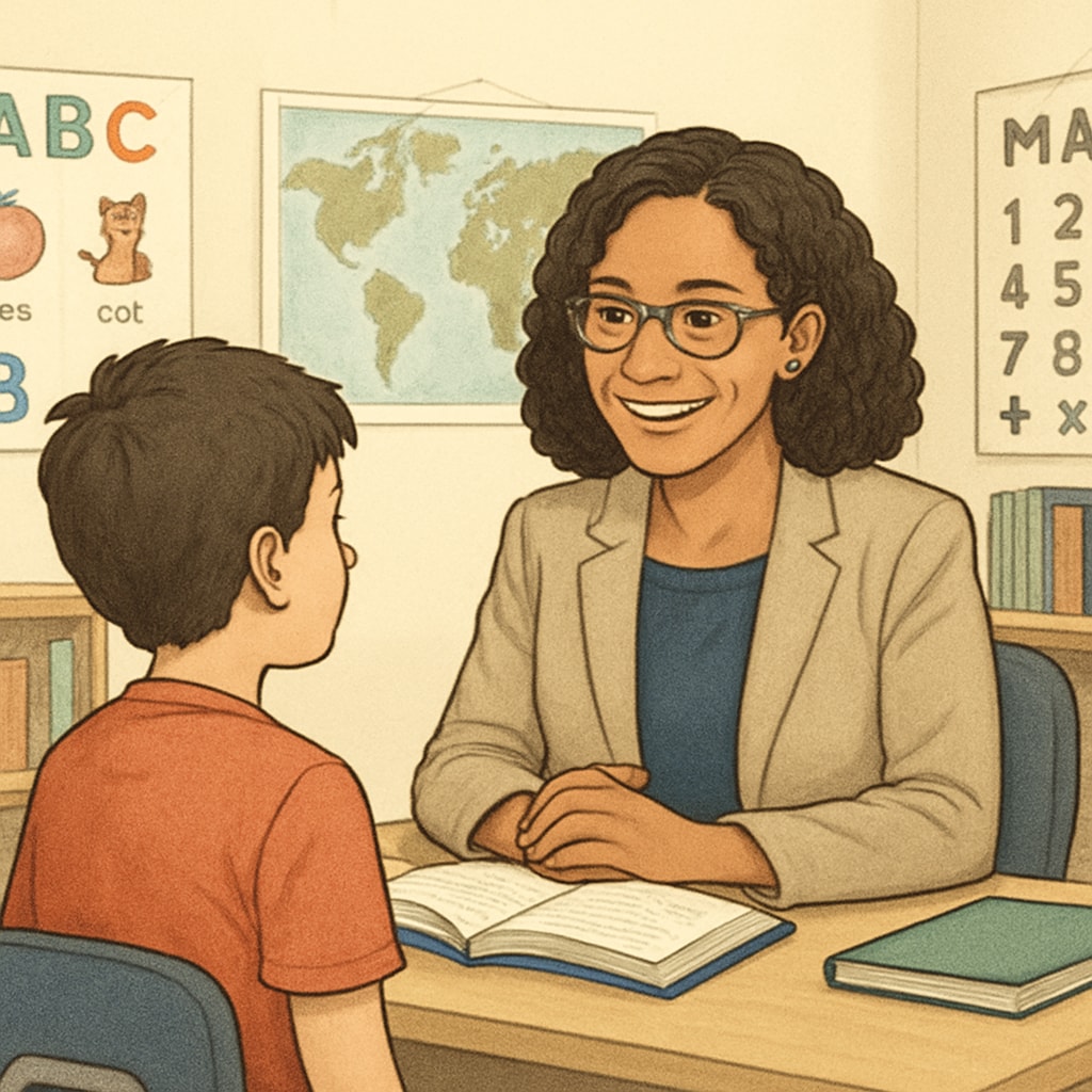 A teacher smiling and engaging in a supportive one-on-one conversation with a student in a welcoming classroom setting. A teacher having a one-on-one discussion with a student, emphasizing respect and teacher-student connections.