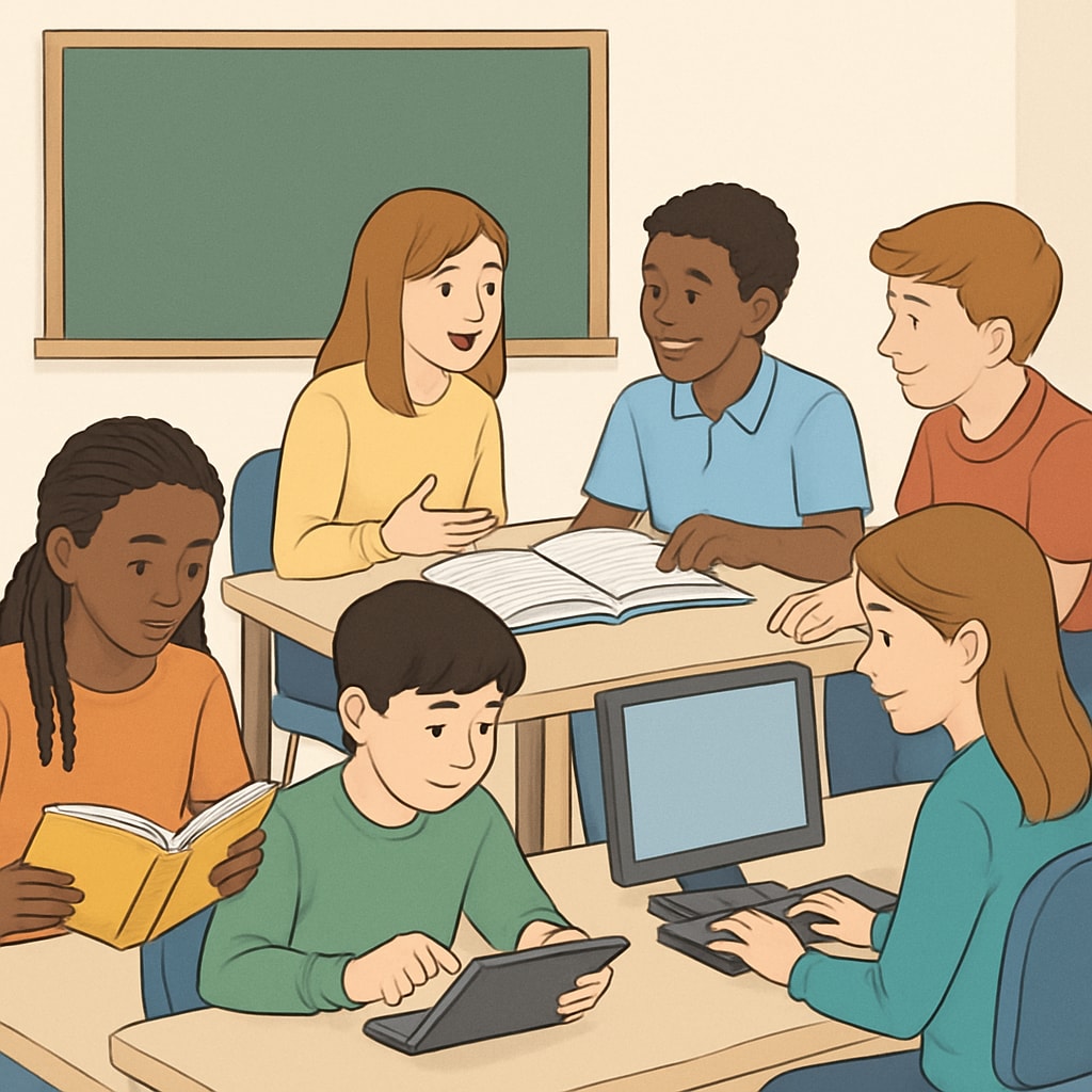 A visual representation of K12 students engaged in diverse learning activities, such as reading, group discussions, and using technology tools. Students using effective learning methods in K12 education settings.