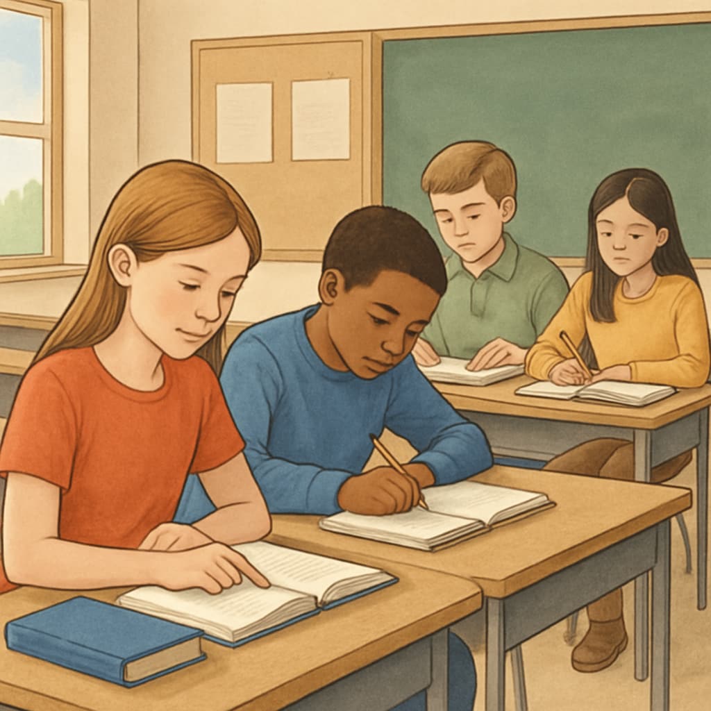 A classroom environment where students are focused on their studies, with no visible use of mobile phones. Students in a classroom focused on learning, with no mobile phones in sight.