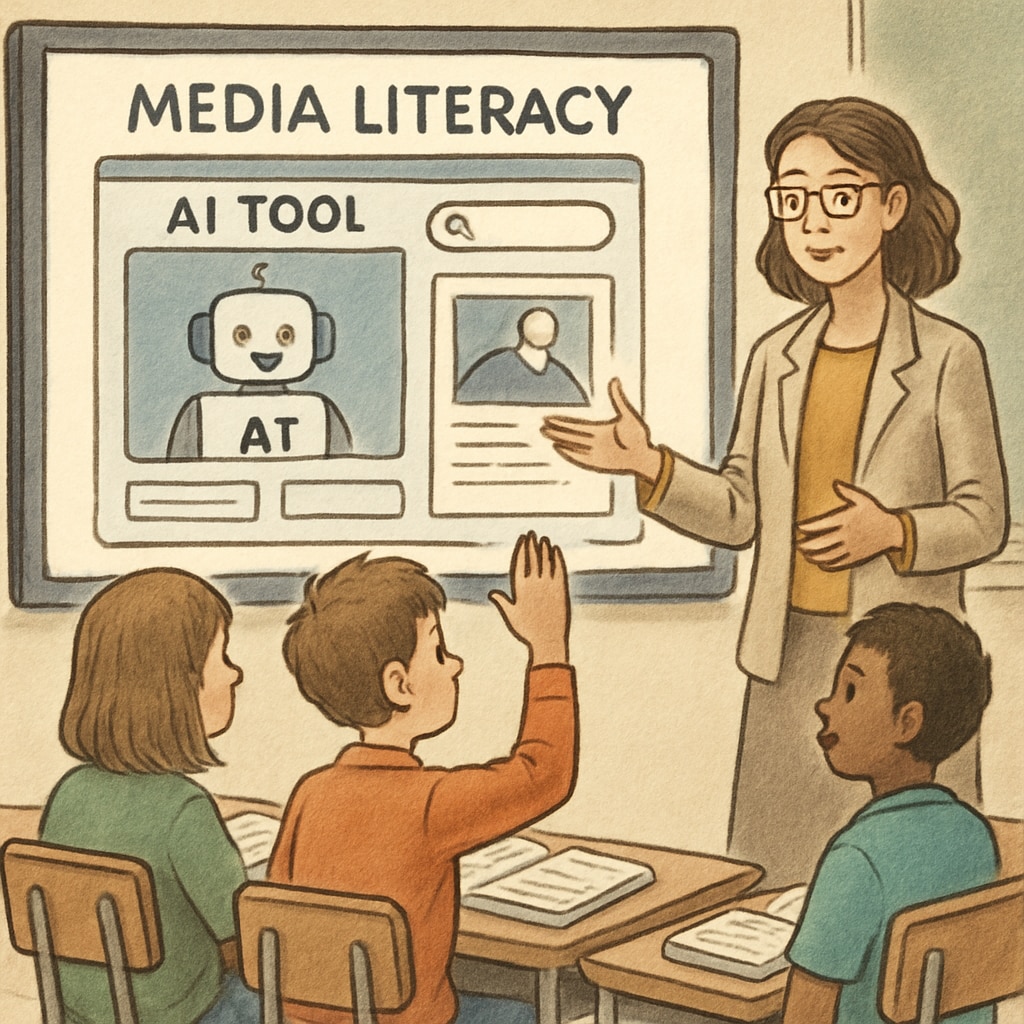 A teacher interacting with students in a media literacy class, with an AI tool displayed on a smart board. Teacher using AI writing prompts for media literacy in a high school classroom.