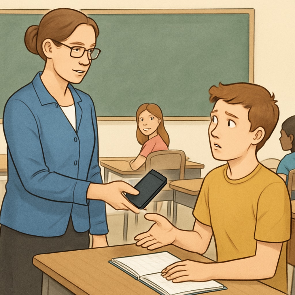 A teacher confiscating a student's mobile phone in a classroom setting, illustrating the challenges of enforcement. A teacher confiscating a mobile phone from a student, demonstrating enforcement challenges in schools.