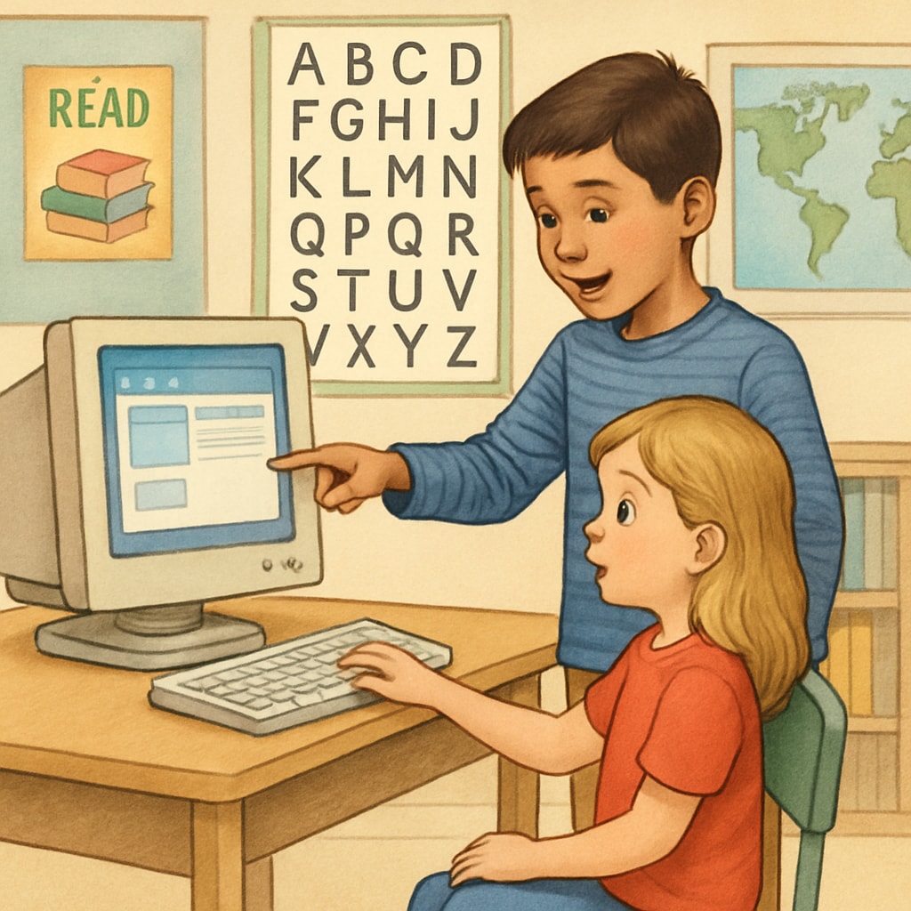 Fourth-grader teaching computer skills to a kindergarten student.