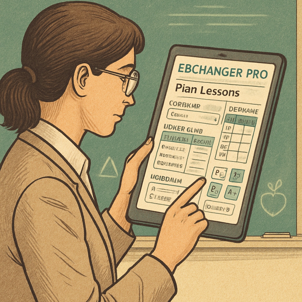 A teacher using an education app on a tablet to plan lessons, representing EdChanger Pro's functionality. Teacher using EdChanger Pro education app to create lesson plans.