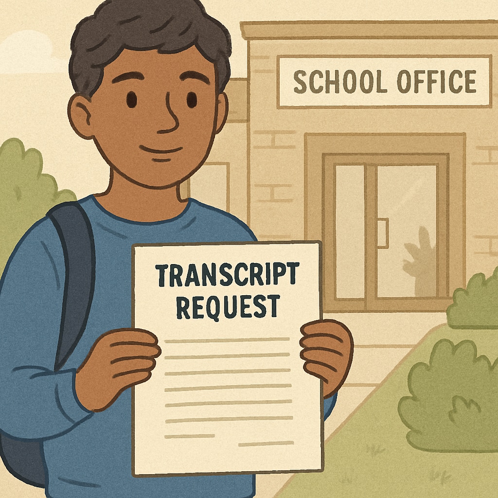 A student holding a document while standing in front of a school office, representing the process of requesting a transcript. Student holding a transcript document in front of a school office.