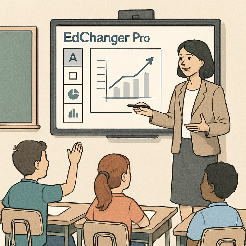 A classroom setting where a teacher uses EdChanger Pro on an interactive whiteboard to teach students. Teacher demonstrating a lesson using EdChanger Pro in a classroom.