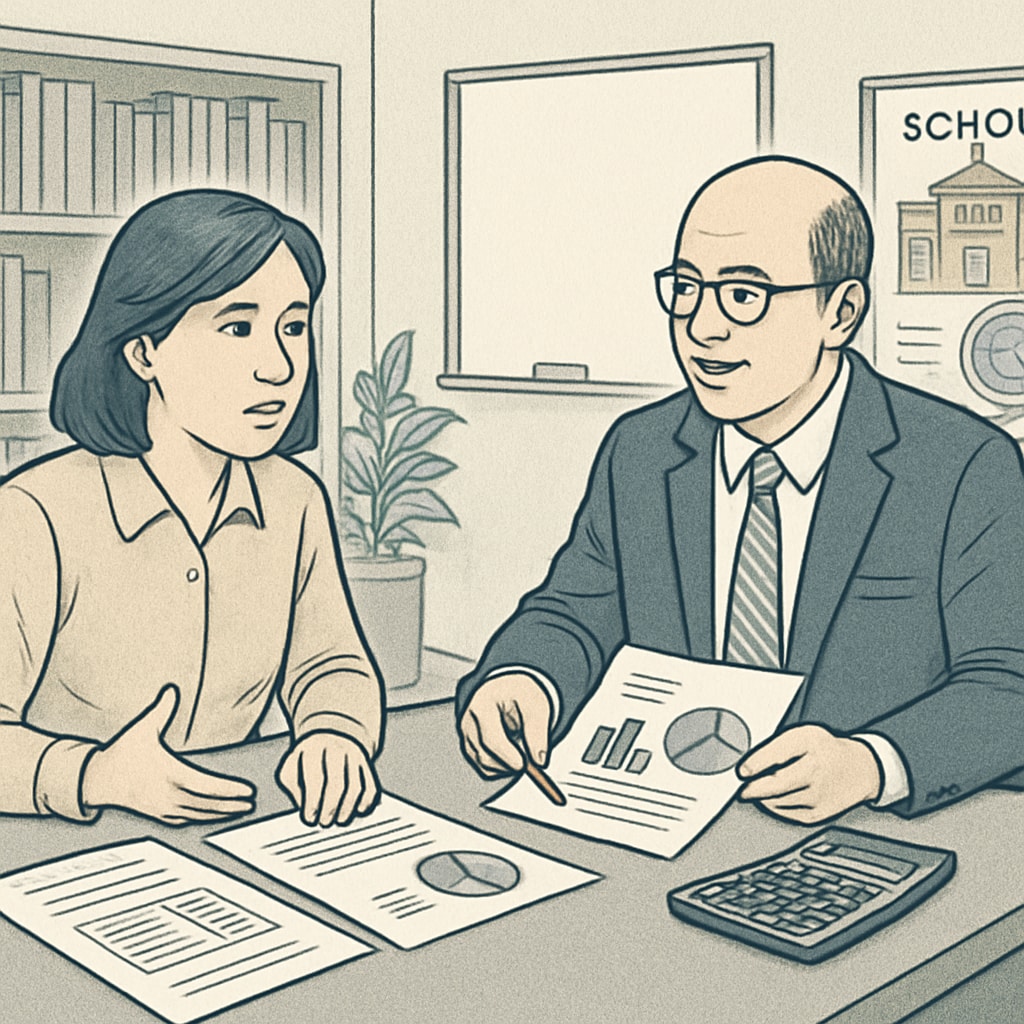 A parent and school administrator discussing financial options in a professional setting. Parent and school administrator in a discussion about unpaid school fees and transcripts.