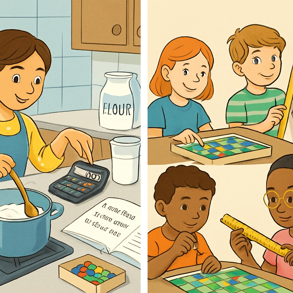 A colorful illustration showing children engaged in everyday activities, such as calculating recipes, playing strategy board games, or measuring objects. Kids using math in everyday tasks such as cooking and playing games.
