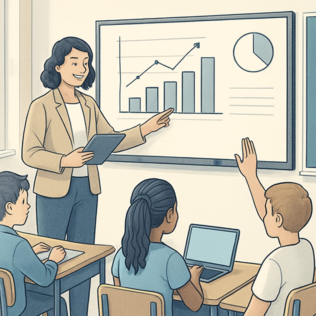 A teacher using digital tools to engage with students in a classroom setting. Teacher using digital tools to enhance student engagement in a classroom setting.
