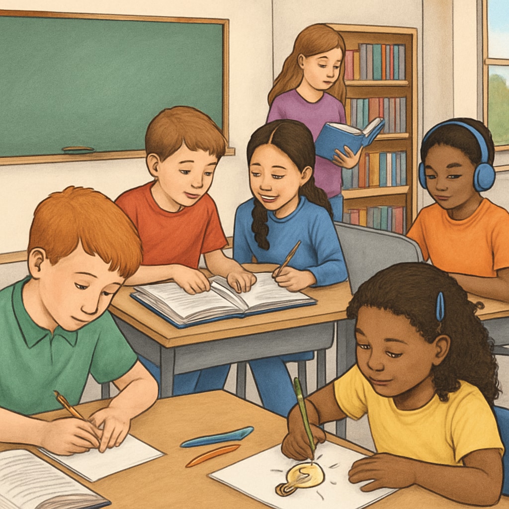 A classroom setting with K12 students engaged in different learning activities, symbolizing diverse study methods. K12 students exploring various study methods in a classroom setting.