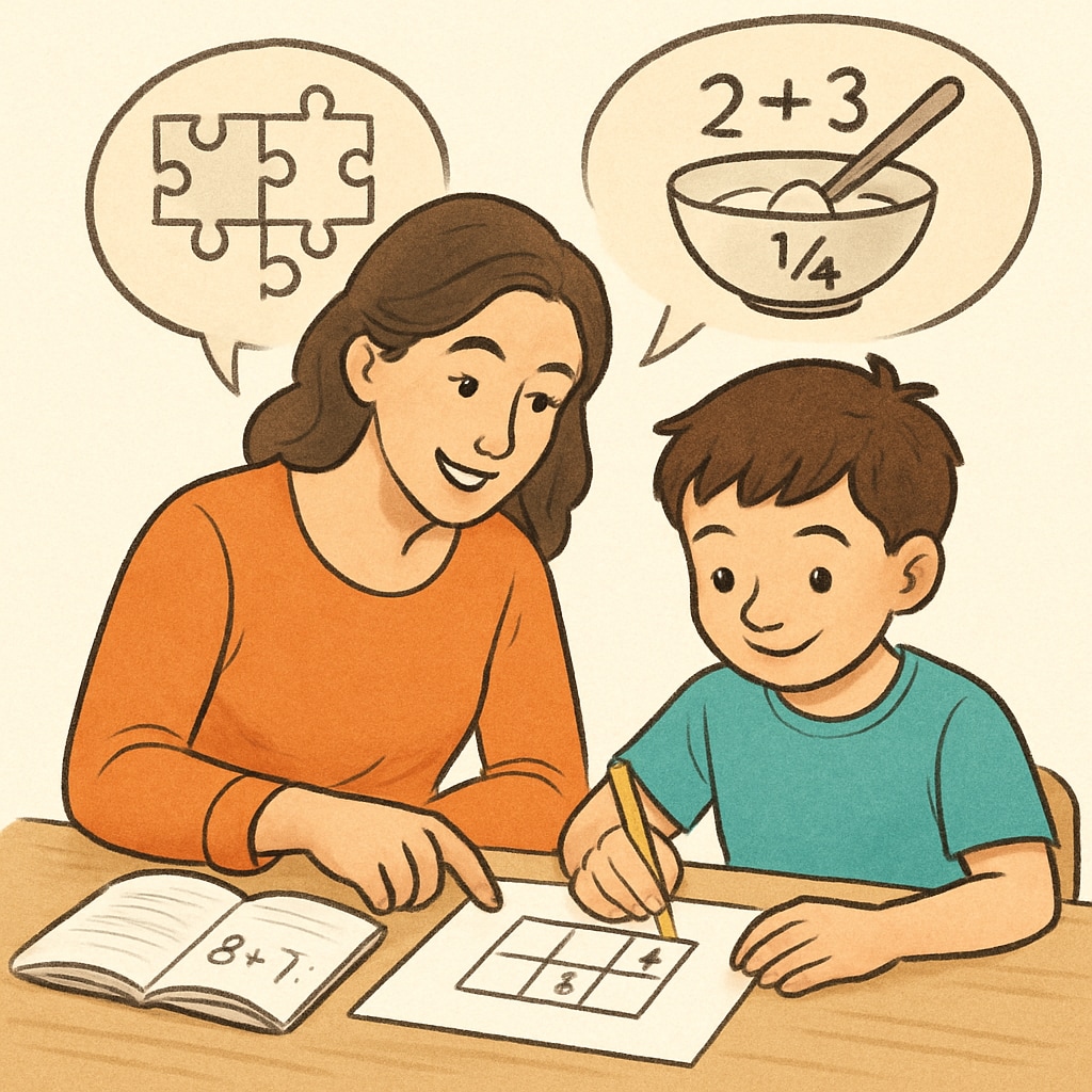 A parent and child working together on a fun math-related activity, such as solving a puzzle or calculating ingredients for a recipe. Parent and child collaborating on a math-based project like cooking or solving puzzles.