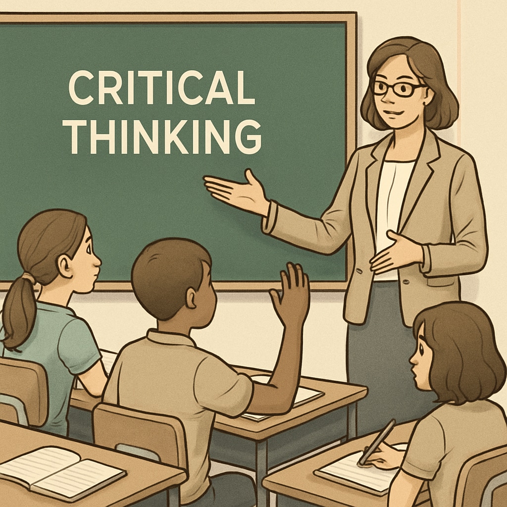 Educator leading a critical thinking discussion in a traditional classroom setting.