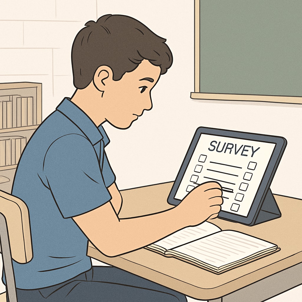 A close-up of a student filling out a survey form on a tablet, representing the research project’s digital engagement. A student completing a survey form for the research project on study methods.