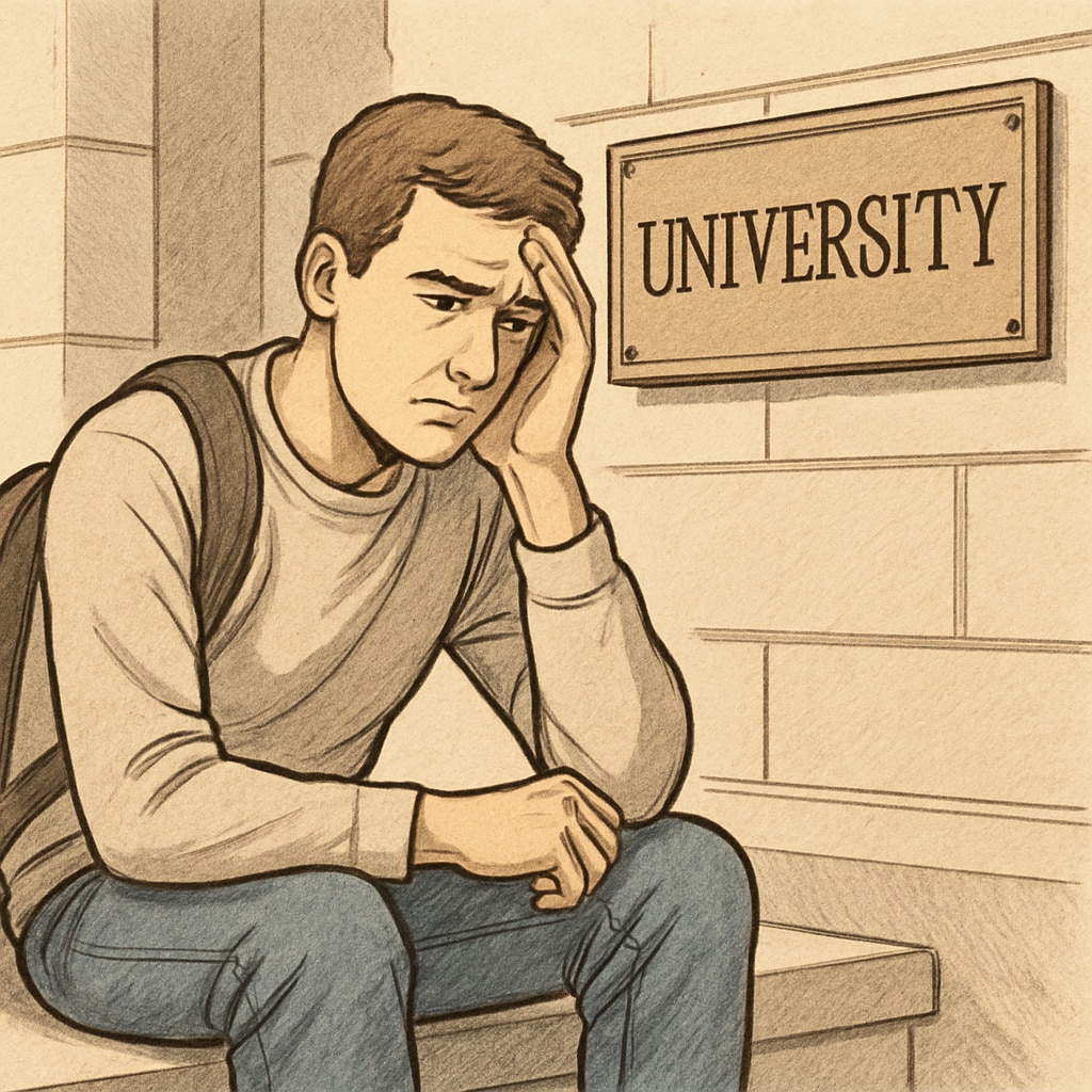 A concerned transgender student sitting in front of a university plaque, symbolizing the struggles faced due to the policy change. Transgender student sitting near a university plaque, representing challenges due to gender policy shift.