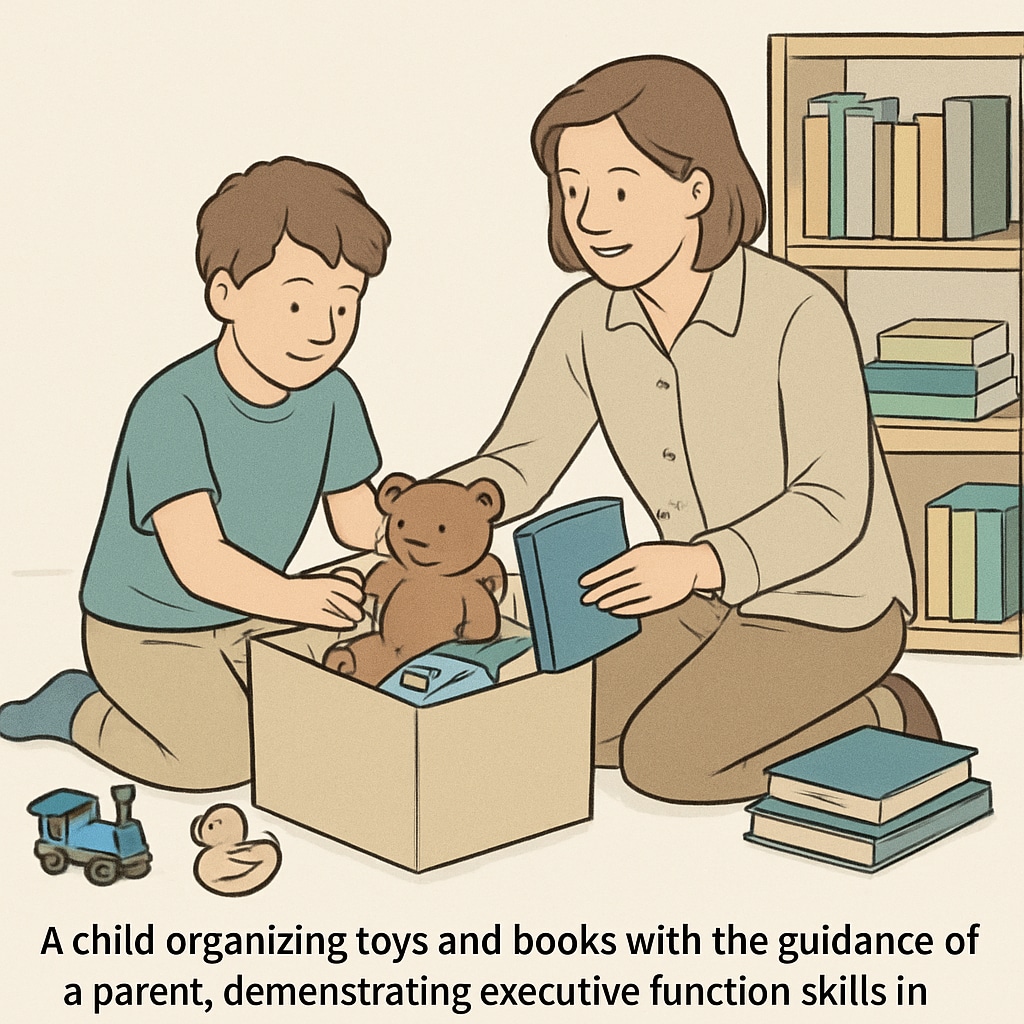 Child practicing executive function skills with parental support.