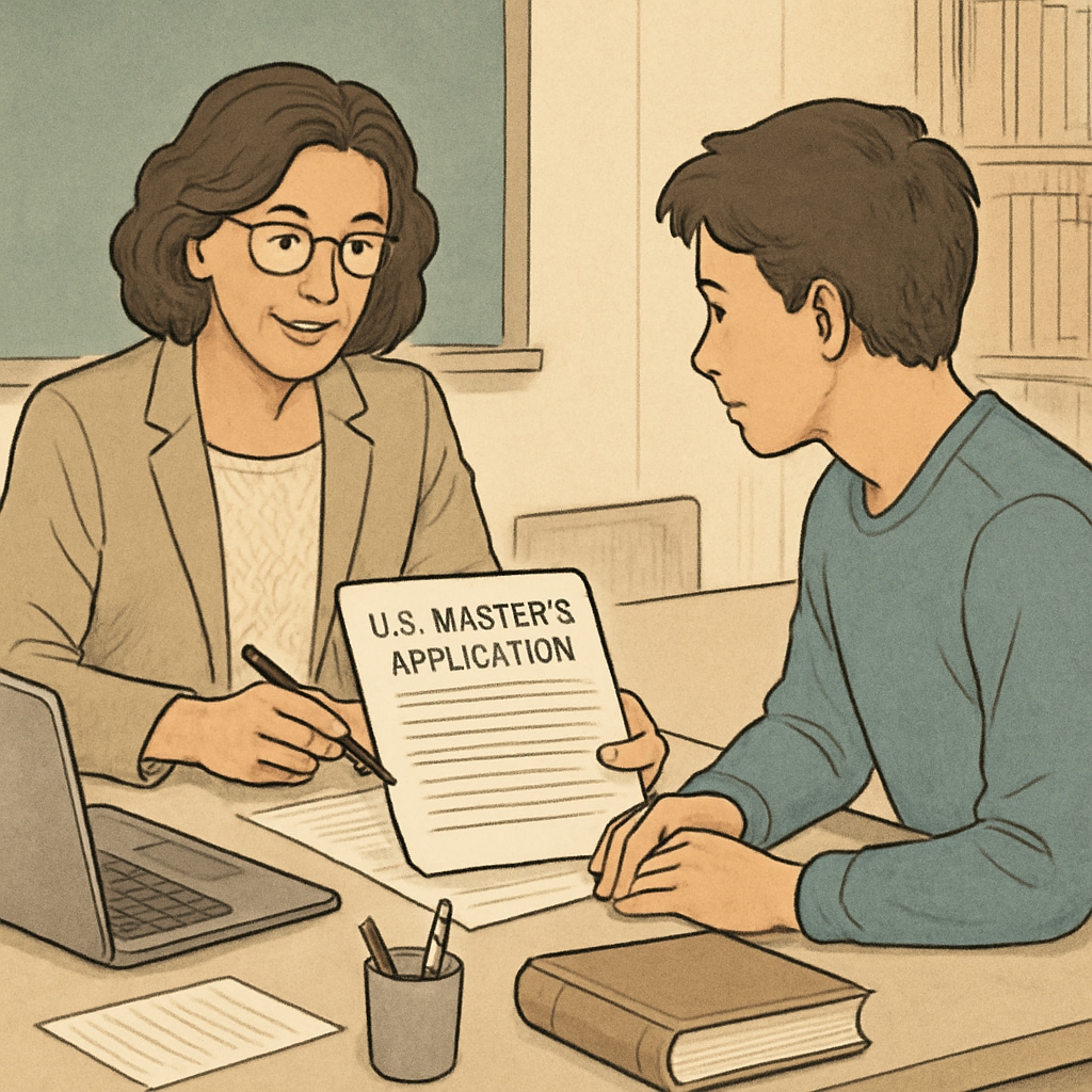 A professional counselor assisting a student with U.S. Master’s application paperwork. Counselor helping with U.S. Master's application process.