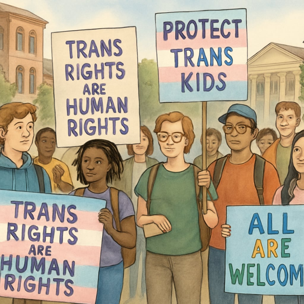 A diverse group of students protesting on campus, holding banners advocating for transgender rights and inclusivity. Students protesting with banners for transgender rights on campus.