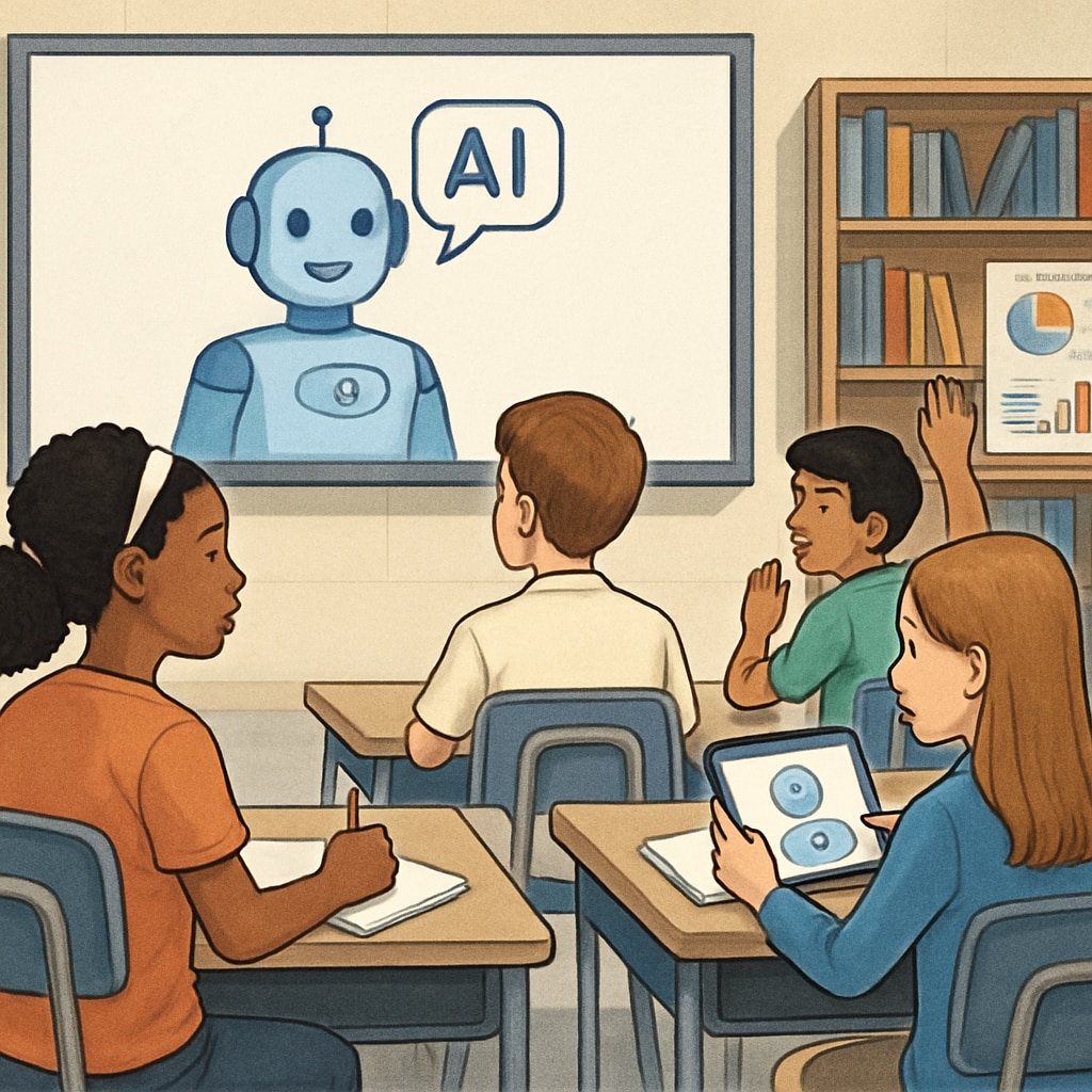 Students interacting with an AI-powered digital learning assistant in a modern classroom. AI in education transforming classrooms with teacher-student interactions.