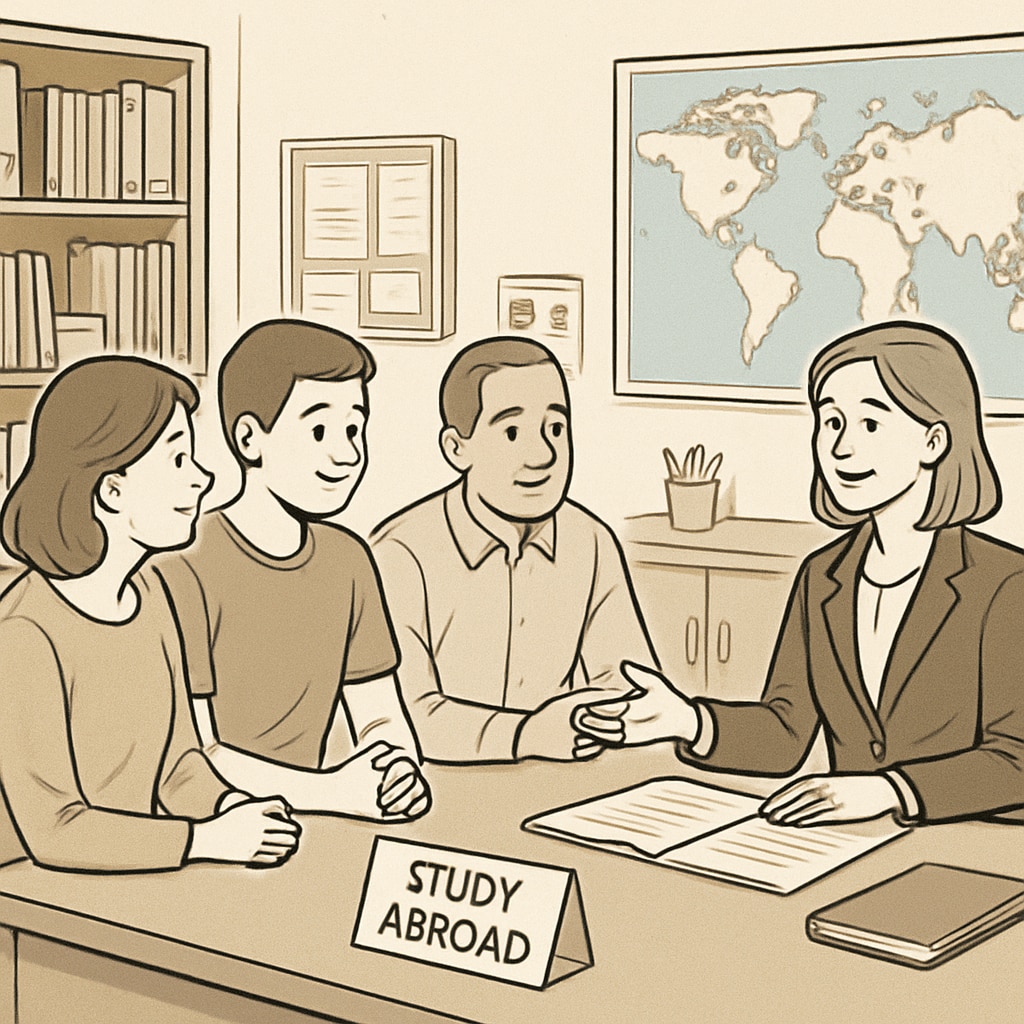 A group of students and parents discussing study abroad options with an agency representative. Students and parents consulting with a study abroad agency.
