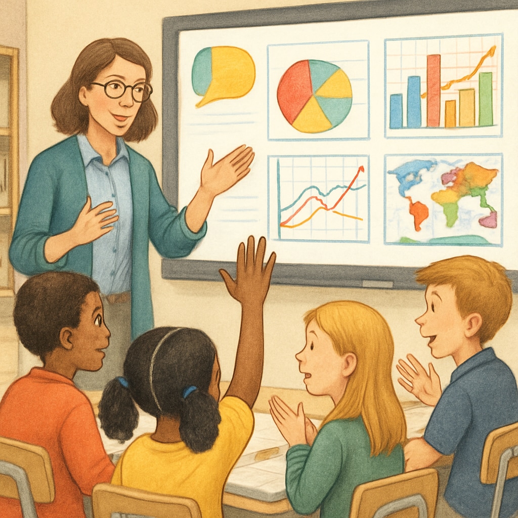 A teacher guiding students in a discussion while an AI tool displays interactive data on a smartboard. Teacher using AI-powered tools to enhance classroom discussions.
