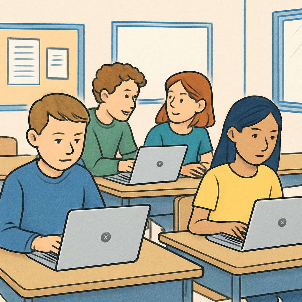 A classroom environment with students using Chromebooks, showcasing engagement and digital dependency. Students using Chromebooks in a classroom setting, illustrating the interplay between education technology and critical thinking.
