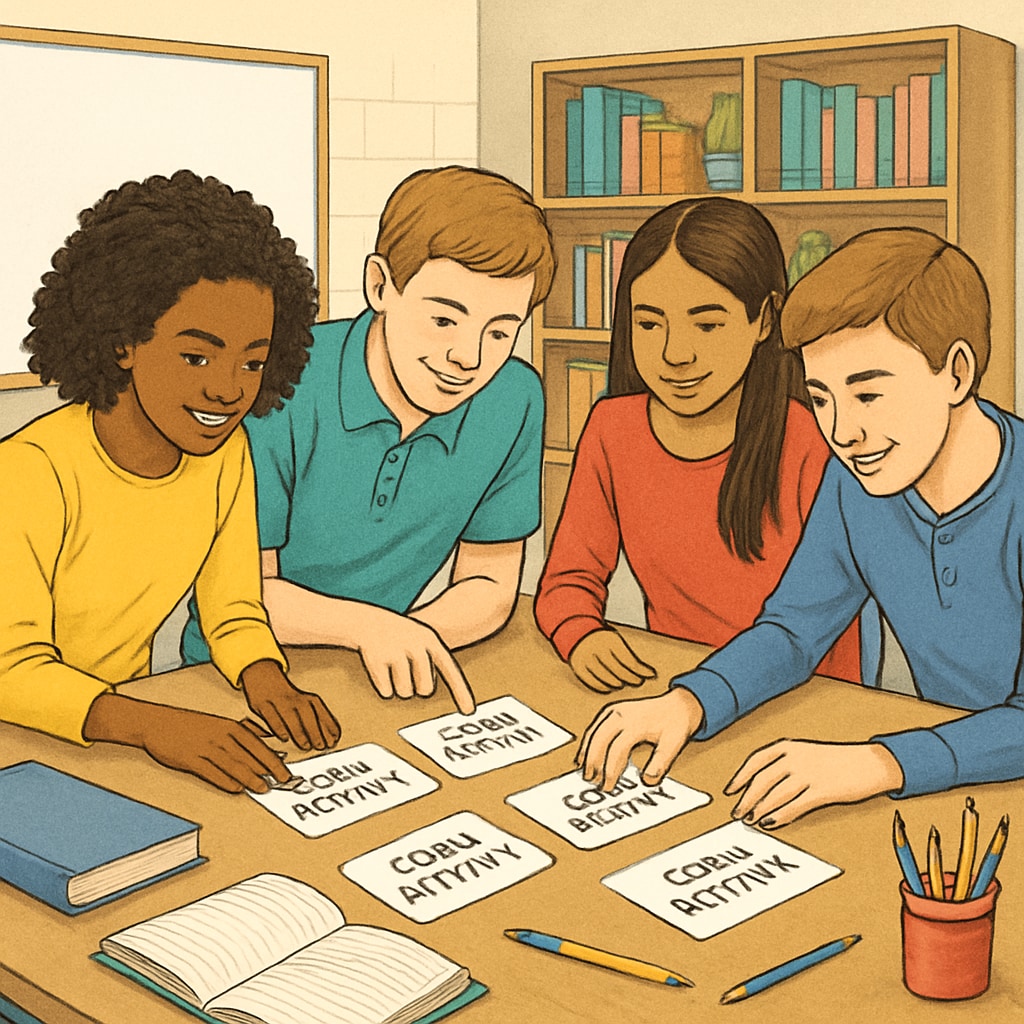 A group of students collaboratively arranging Zoom activity cards in a classroom setting. Students working on Zoom activity cards to understand sequencing in a classroom.