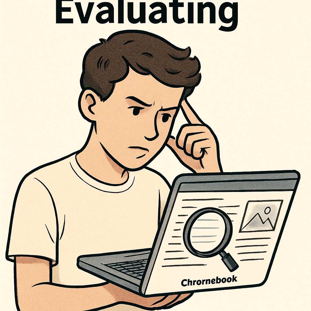A student holding a Chromebook, looking at information critically, symbolizing the need for both technology and analytical skills. A student analyzing information on a Chromebook, emphasizing the importance of critical thinking alongside digital tools.