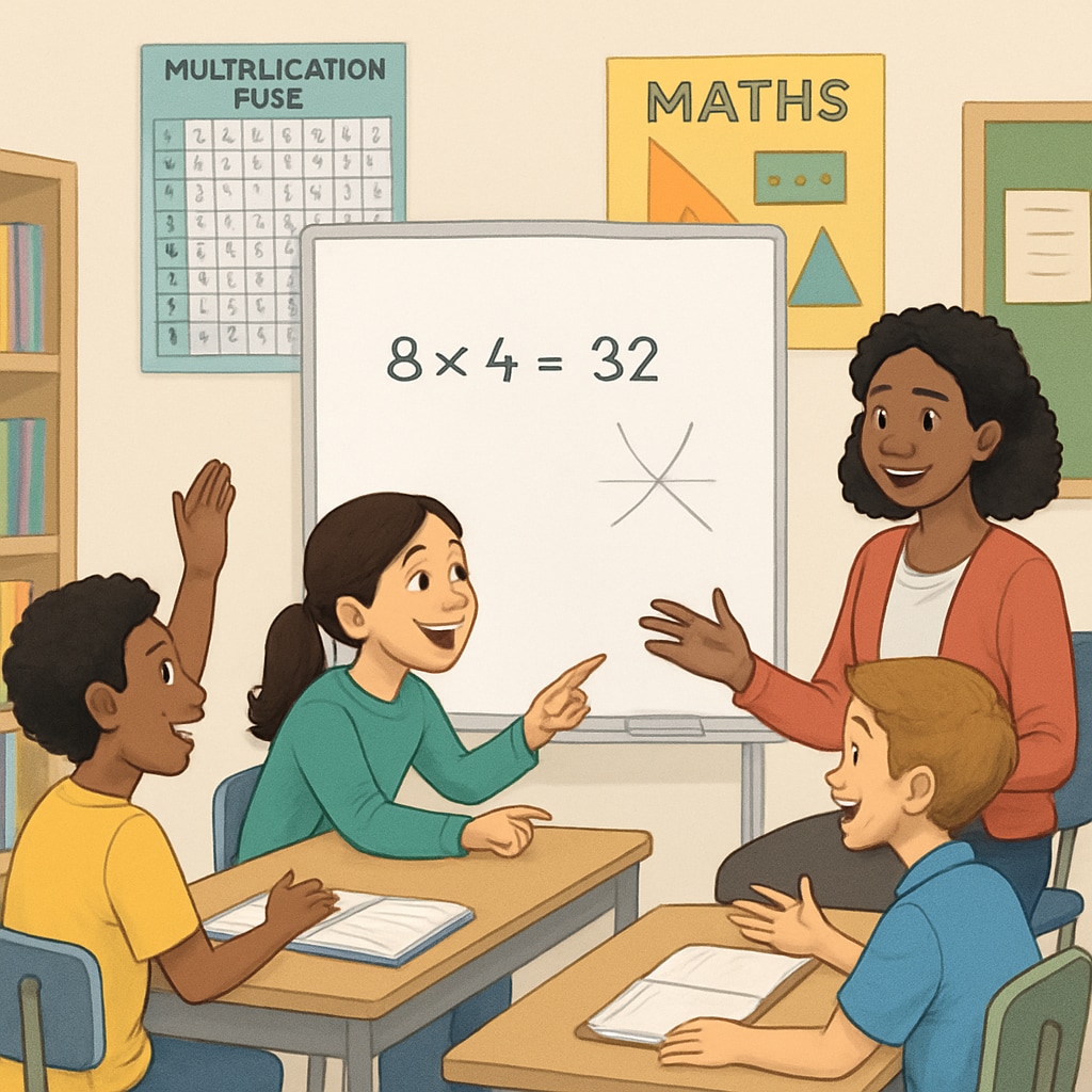 A diverse group of students actively engaging in a math class discussion, showcasing enthusiasm and collaboration. Students discussing math concepts in class to illustrate teaching strategies for motivation.