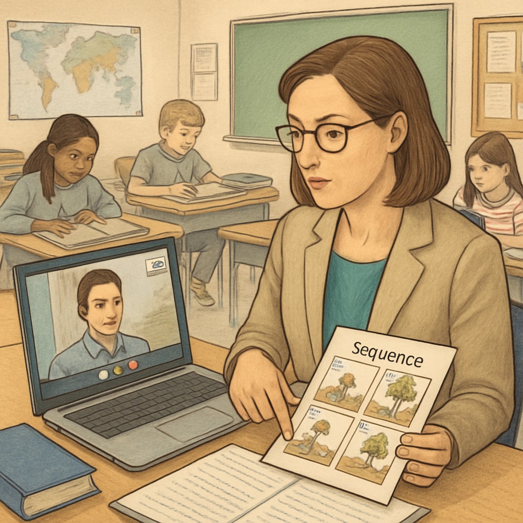 A teacher referencing a sequencing guide while conducting a Zoom activity in a K-12 classroom. Teacher using a sequencing guide for Zoom activity in a classroom.