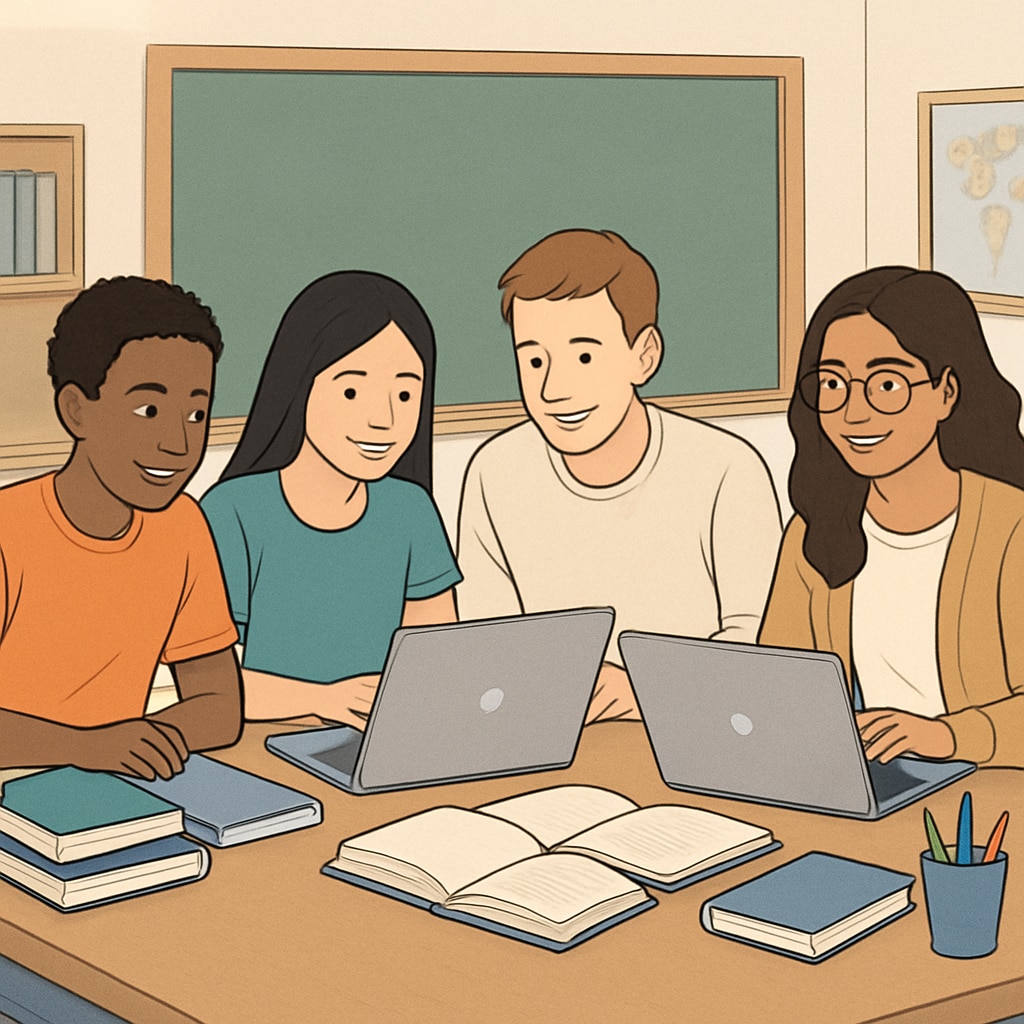 A group of diverse students smiling while studying together on laptops, representing online education in a flexible environment. Diverse students studying online, representing flexible online high school education.