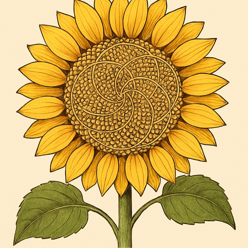 A close-up of a sunflower showcasing the Fibonacci sequence in its arrangement of seeds. The Fibonacci sequence in nature demonstrating math's connection to the world.