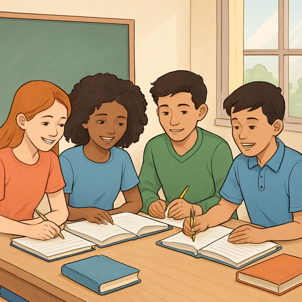A group of diverse K12 students studying together, symbolizing academic preparation for future study abroad opportunities. Students preparing for study abroad during K12 education