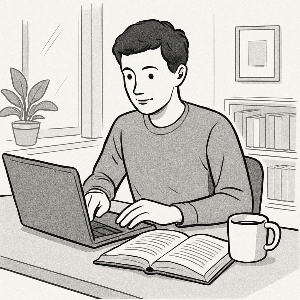 A student studying at home using a laptop, with an open textbook and a cup of coffee nearby, symbolizing flexible online learning. Student studying with a laptop and textbook, highlighting the flexibility of online learning.