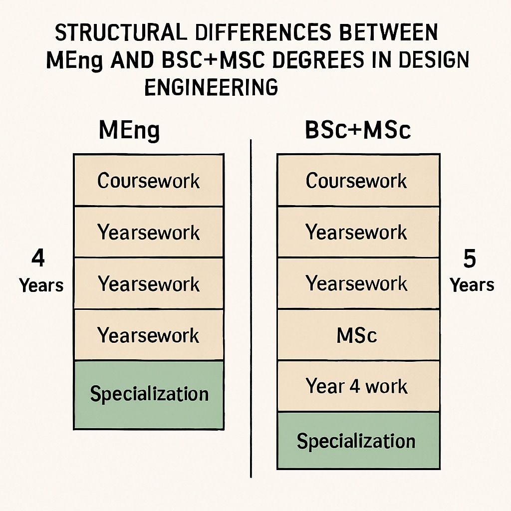 A diagram showing the structural differences between MEng and BSc+MSc degrees in design engineering. Diagram comparing MEng and BSc+MSc pathways in design engineering.