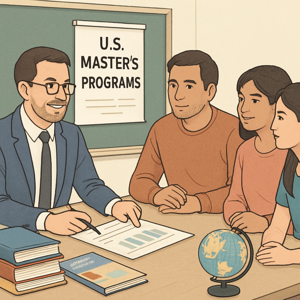 A professional study abroad consultant discussing university options with a family, symbolizing expert guidance for U.S. master's programs. Consultant providing advice on study abroad programs